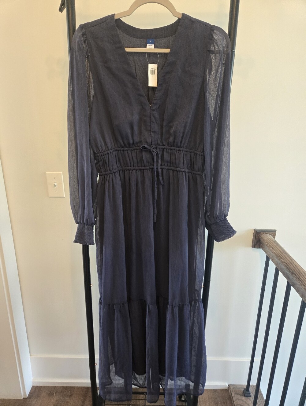 New Old Navy Navy Blue Gauze Maxi Dress Long Sleeve Tiered Boho Medium